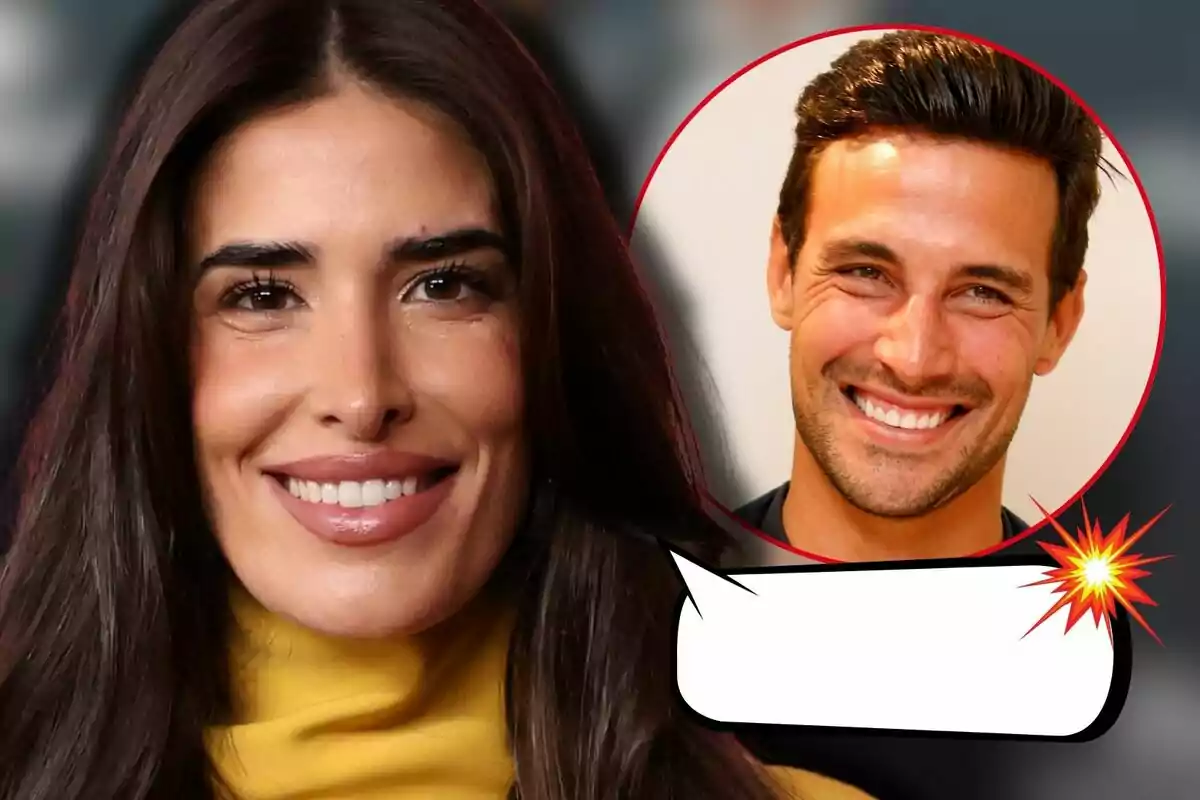 Lidia Torrent sonriente con cabello oscuro y un suéter amarillo, junto a un recuadro que muestra a Jaime Astrain también sonriente dentro de un círculo rojo, con un espacio en blanco para texto.