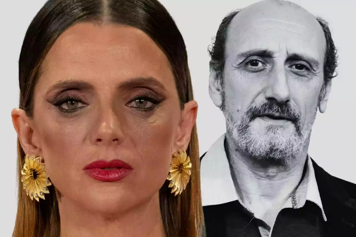 Macarena Gómez and José Luis Gil in a photo montage, a woman with makeup and gold earrings and a man with a beard in black and white.