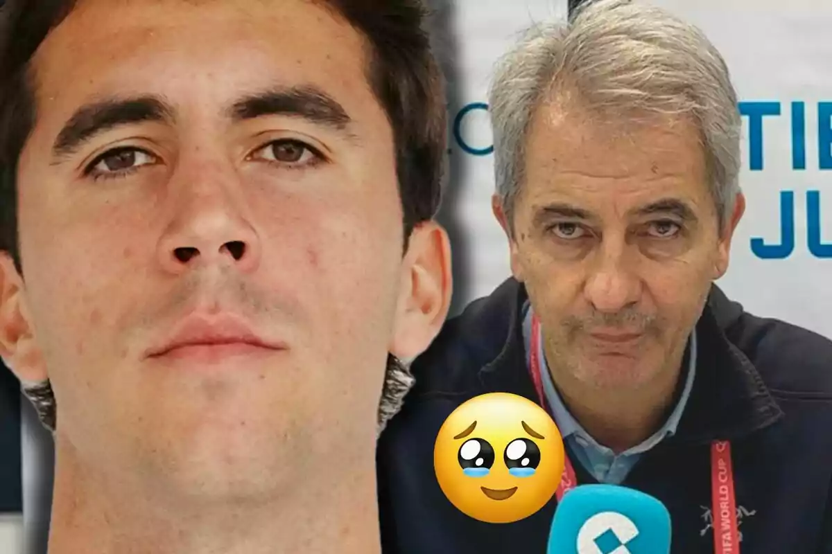 Manu y Manolo Lama en primer plano con un emoji de carita llorosa en la esquina inferior derecha.