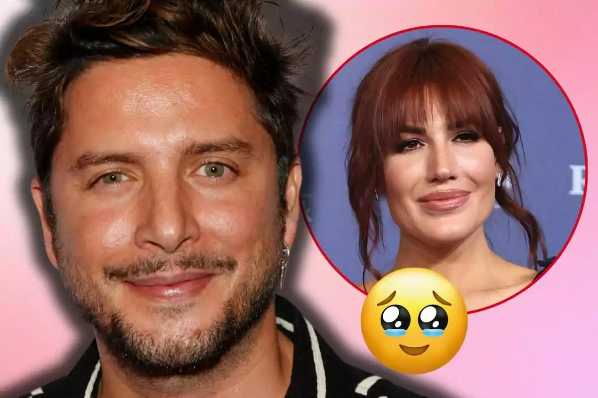 Un hombre sonriente en primer plano con una imagen circular de una mujer al fondo y un emoji emocionado.