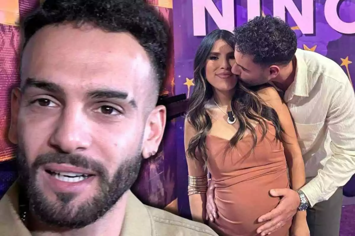 Primer plano de Manuel Cortés junto a Isa Pantoja y Asraf Beno abrazada, la mujer está embarazada y el hombre la besa en la mejilla, ambos sonríen frente a un fondo morado con letras grandes.