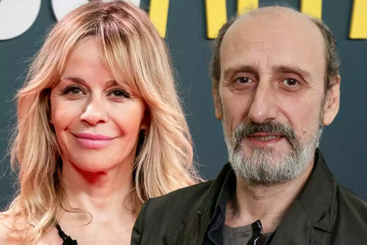 María Adánez y José Luis Gil posando frente a una pared con letras amarillas.