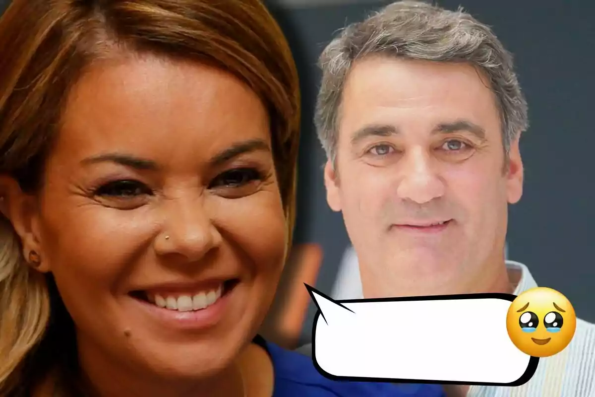 María José Campanario y Jesulín de Ubrique sonrientes en primer plano con un bocadillo de diálogo vacío y un emoji de carita llorando en la esquina