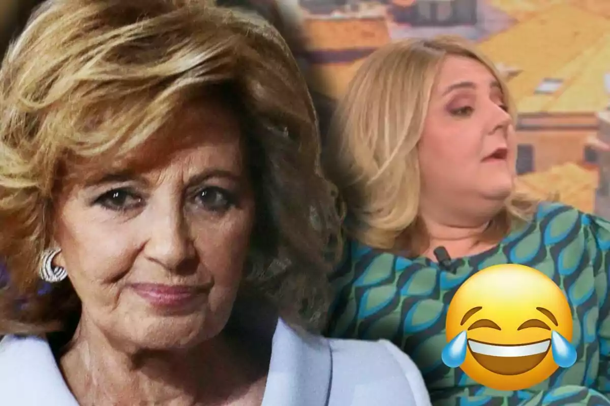 María Teresa Campos and Pilar Vidal in a photo montage with a laughing emoji.