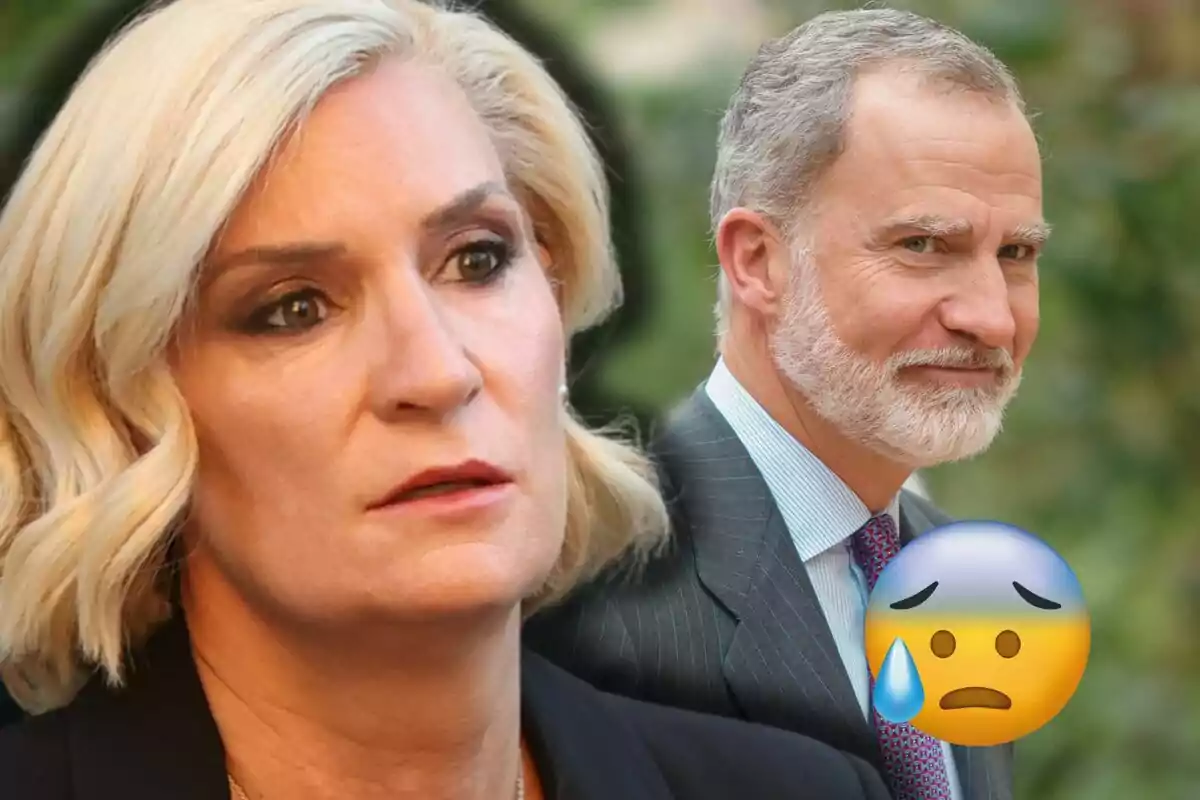 María Zurita y Felipe VI en primer plano con una expresión seria y un emoji de cara preocupada.