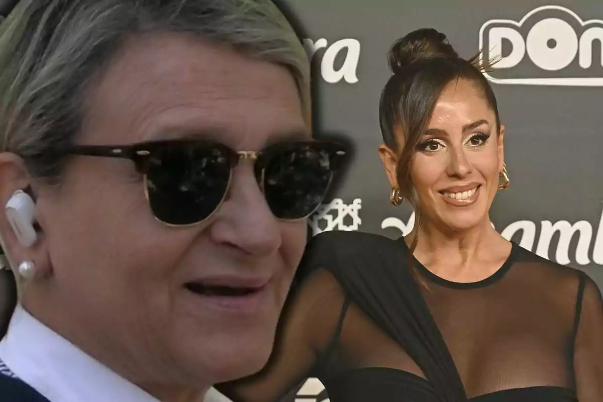 Mariló de la Rubia with sunglasses and headphones next to Anabel Pantoja smiling at an event with a background of logos.