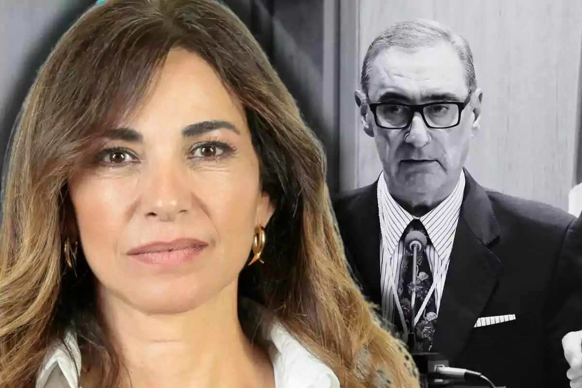 Mariló Montero en primer plano con cabello castaño y Carlos Herrera en el fondo en blanco y negro con gafas y traje.