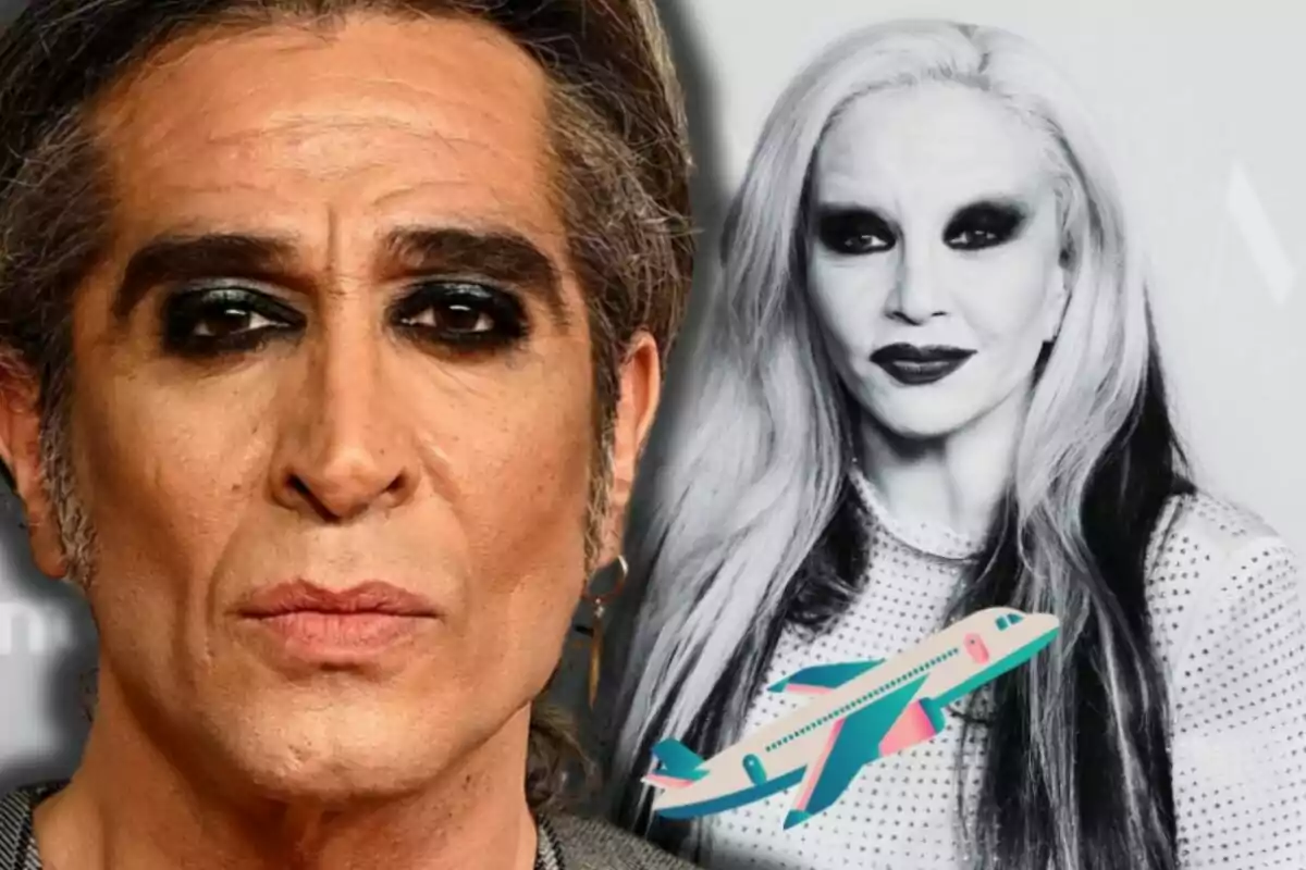 Primer plano de Mario Vaquerizo con maquillaje oscuro en los ojos y al fondo la imagen en blanco y negro de Alaska con maquillaje similar junto a un dibujo de un avión