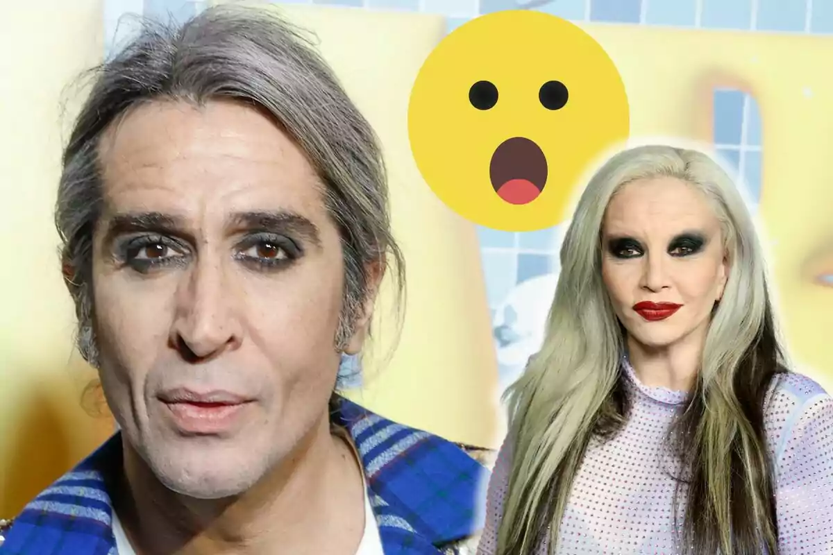 Mario Vaquerizo y Alaska con maquillaje oscuro y cabello largo posan frente a un fondo colorido con un emoji sorprendido.