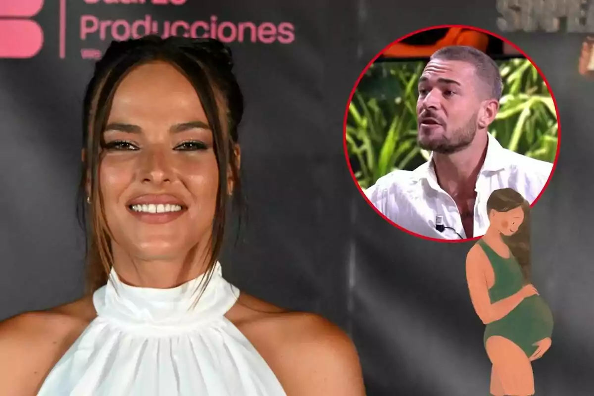 Marta Peñate sonriente con un vestido blanco, Tony Spina en un círculo rojo en la esquina superior derecha y una ilustración de una mujer embarazada en la esquina inferior derecha.