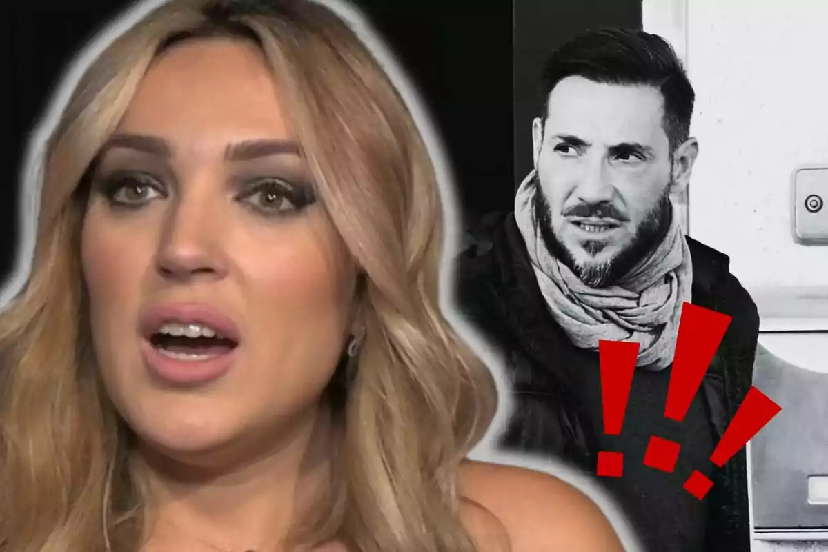 Marta Riesco con expresión de sorpresa en primer plano y Antonio David Flores con bufanda en blanco y negro al fondo junto a signos de exclamación rojos