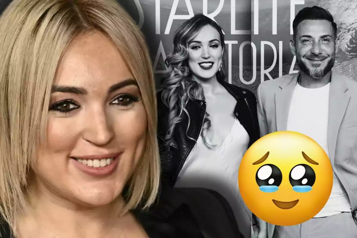 Marta Riesco sonríe en primer plano mientras en el fondo se ve una foto en blanco y negro de ella y Antonio David Flores sonriendo junto a un emoji con ojos llorosos.