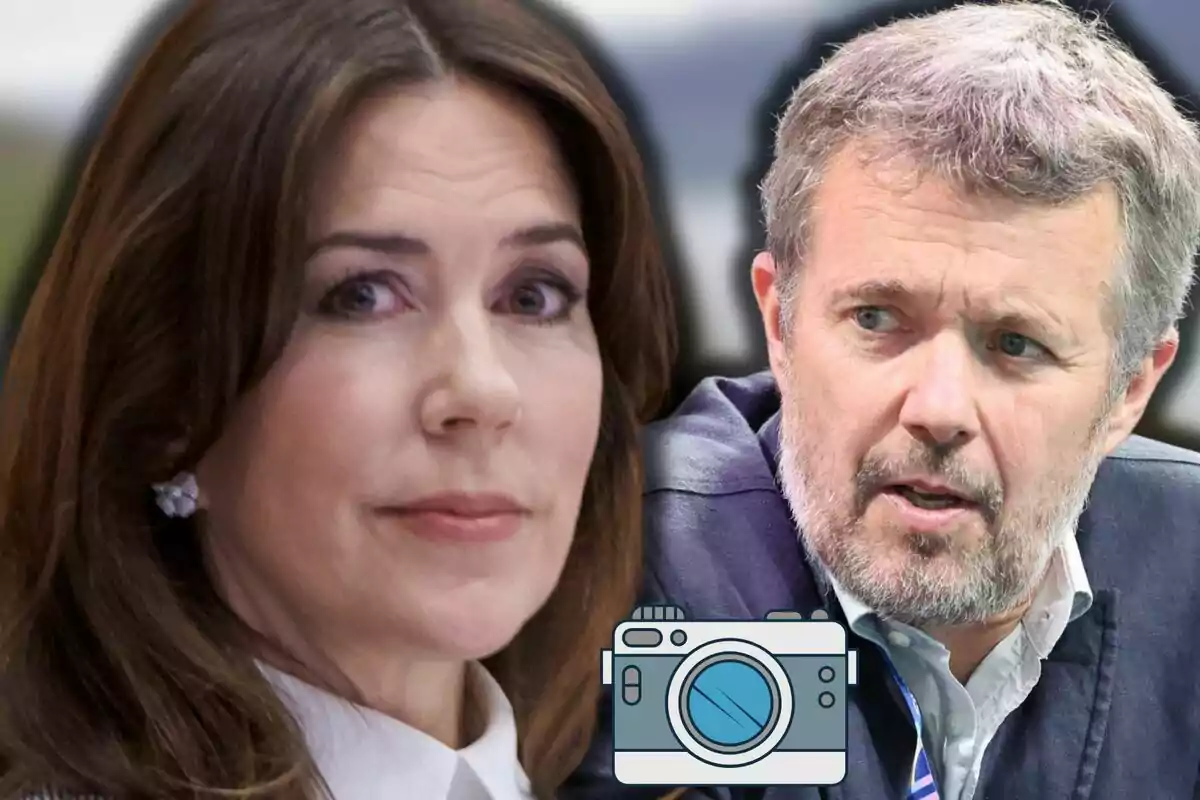 Mary y Federico de Dinamarca mirando en diferentes direcciones con un icono de cámara en la parte inferior de la imagen