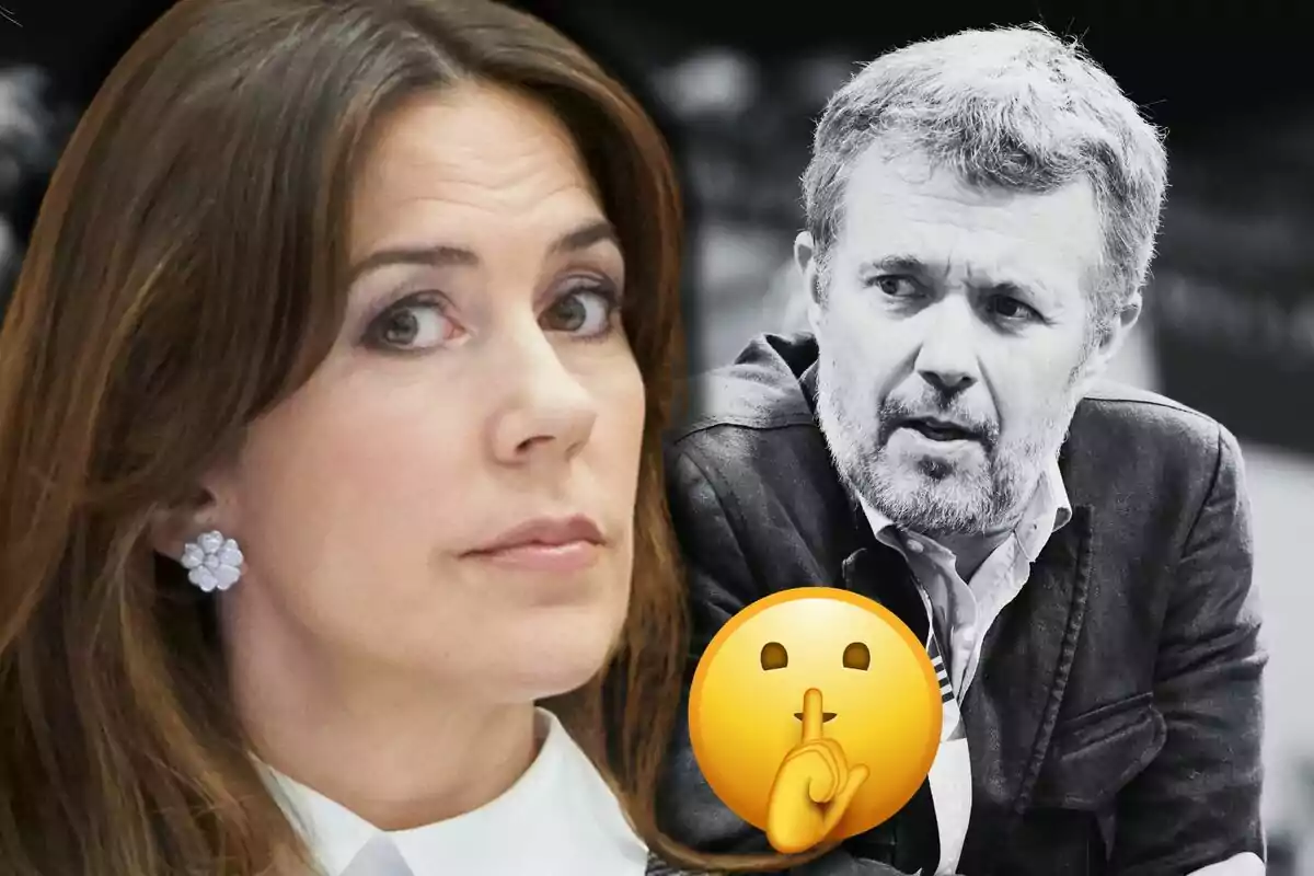 Mary of Denmark looks straight ahead with a serious expression, while in the background Frederik of Denmark appears in black and white and a silence emoji is in the foreground.