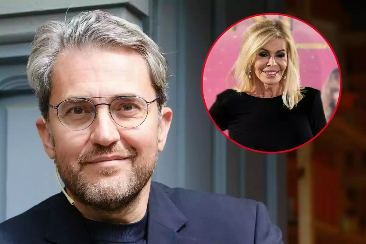 Máximo Huerta con gafas y barba sonríe a la cámara, mientras que en un círculo rojo a su lado aparece Bibiana Fernández con un vestido negro.