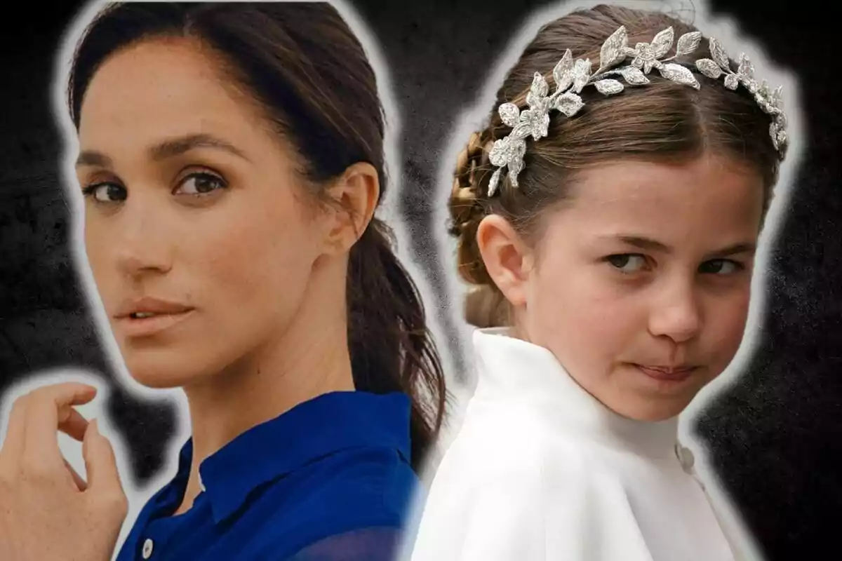 Meghan Markle y la princesa Charlotte mirando en direcciones opuestas, una mujer con cabello oscuro y una niña con una diadema de hojas plateadas.
