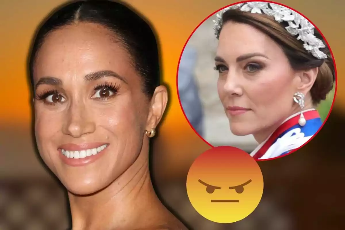 Meghan Markle smiling in the foreground with Kate Middleton in a red circle in the top right corner and an angry emoji at the bottom.