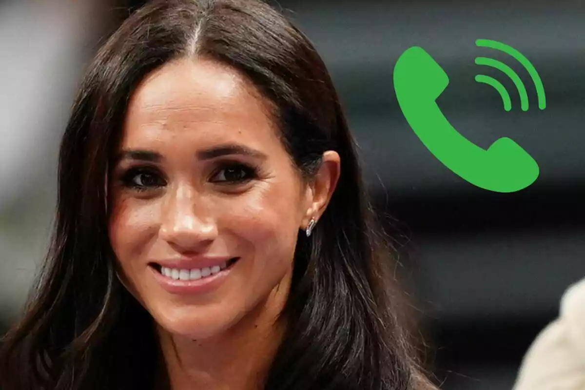 Meghan Markle smiling with a green phone icon next to her.