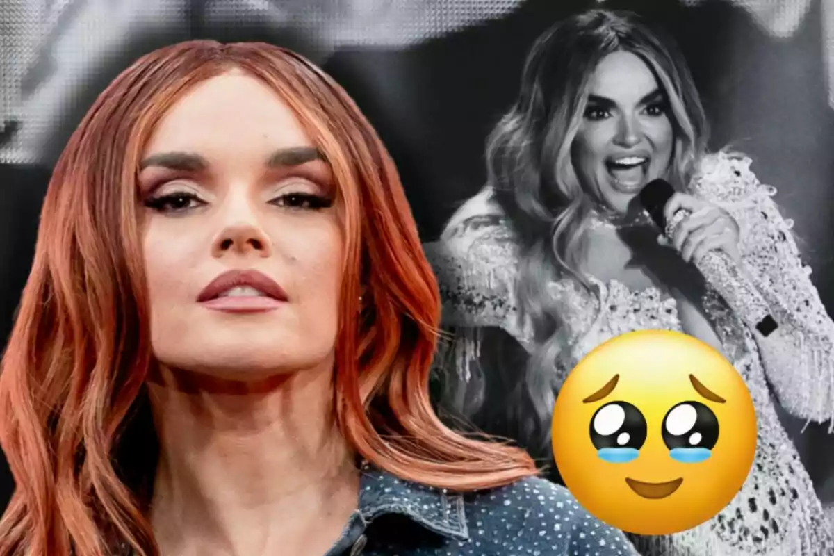 Melody aparece en primer plano, mientras que en el fondo se ve una imagen en blanco y negro de la misma persona cantando con un micrófono, acompañada de un emoji con ojos brillantes y lágrimas de emoción.