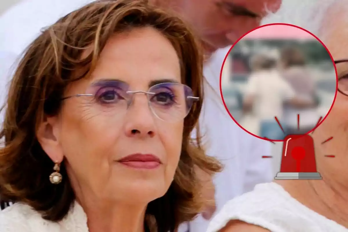 Mercedes Bernal con gafas y expresión seria aparece en primer plano, mientras que en el fondo se observa a una persona desenfocada; hay un círculo rojo con una imagen borrosa y un icono de alarma.