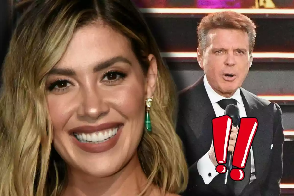 Michelle Salas sonriente con cabello rubio y Luis Miguel en traje sosteniendo un micrófono con signos de exclamación rojos superpuestos.