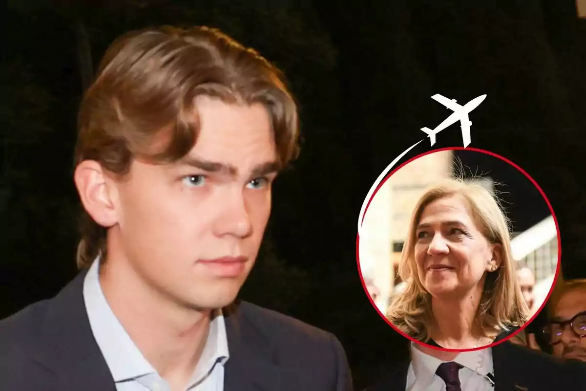 Miguel Urdangarin con cabello rubio y expresión seria aparece en primer plano mientras la infanta Cristina sonriente está en un círculo rojo con un avión dibujado sobre ella.