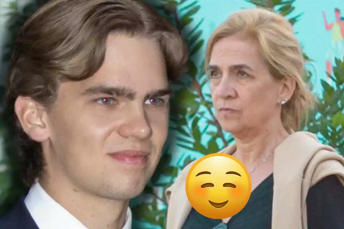 Miguel Urdangarin y la infanta Cristina aparecen en la imagen, una de ellas es un hombre joven con cabello castaño claro y la otra es una mujer rubia de mediana edad, con un emoji de cara sonriente superpuesto.