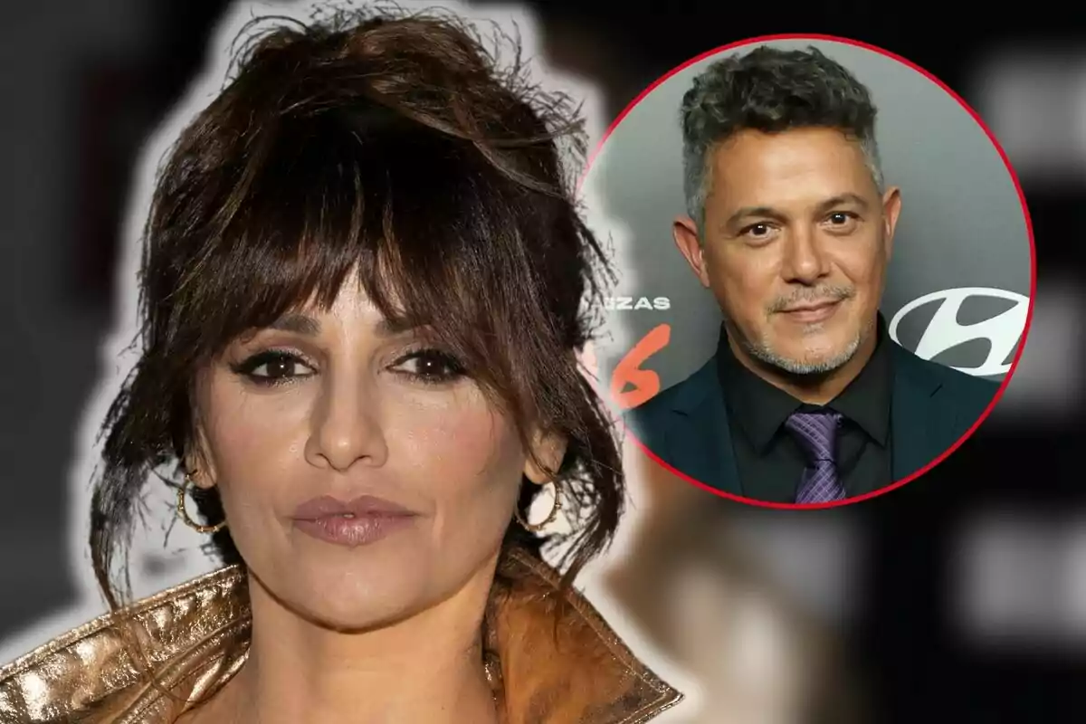 Mónica Cruz con cabello oscuro y flequillo en primer plano, con Alejandro Sanz de cabello corto y canoso en un círculo rojo en la esquina superior derecha.