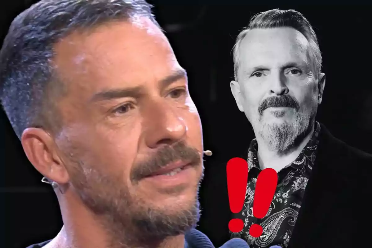 Nacho Palau con micrófono en primer plano y una imagen en blanco y negro de Miguel Bosé en el fondo con signos de exclamación rojos.