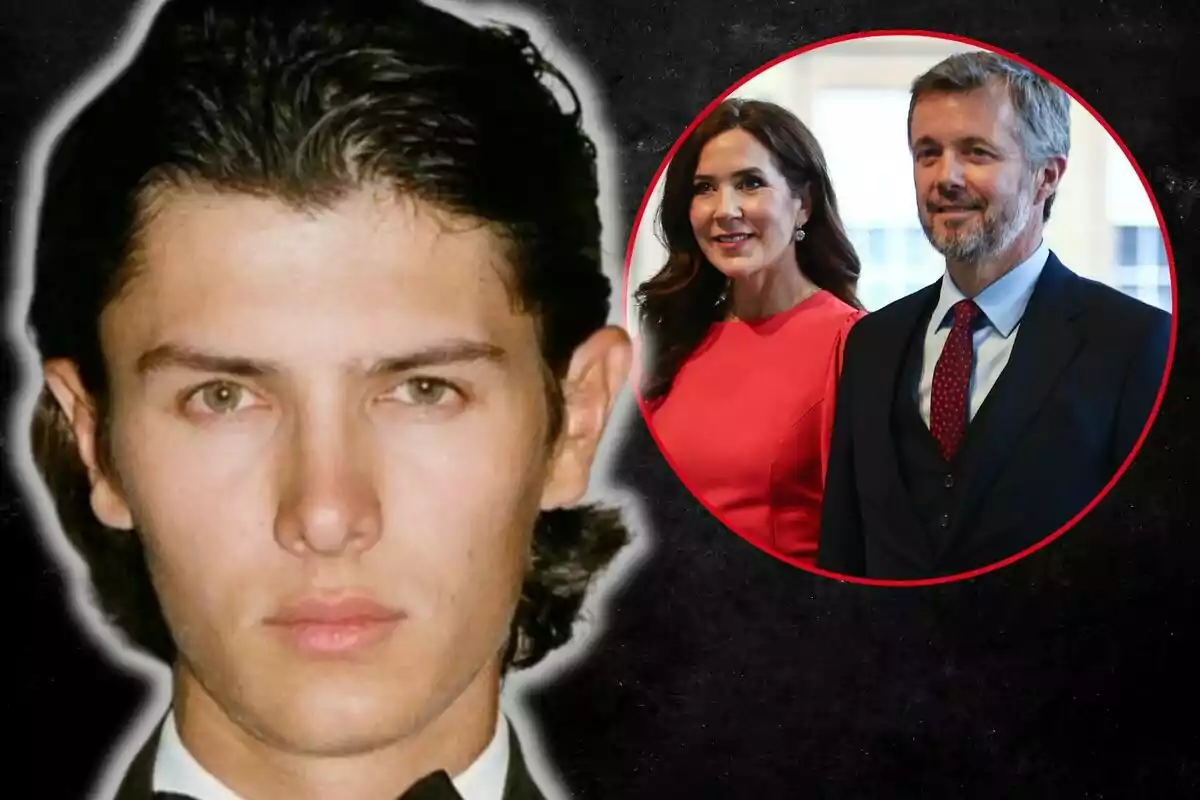 Nicolás de Dinamarca con expresión seria aparece en primer plano mientras en un círculo a la derecha se observa a Mary y Federico elegantemente vestida.
