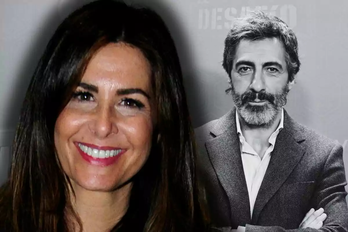 Nuria Roca y Juan del Val sonriente en primer plano y un hombre con barba en segundo plano en blanco y negro.
