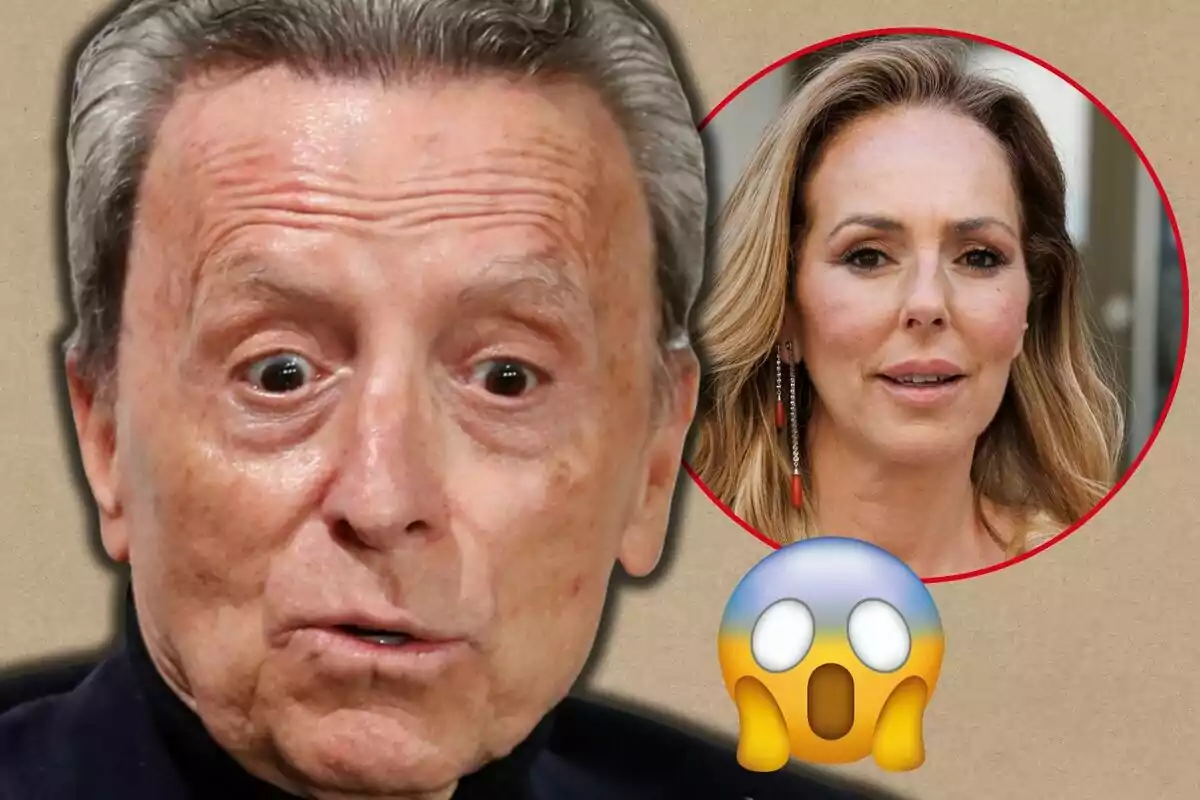 Primer plano de Ortega Cano con expresión de sorpresa, Rocío Carrasco en un círculo rojo al fondo y un emoji de cara asustada en la esquina.