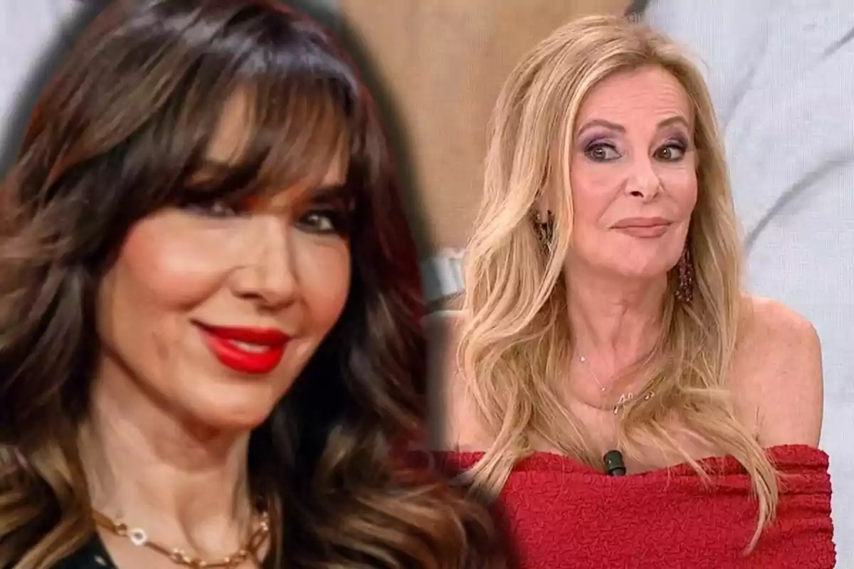 Paloma Lago y Ana Obregón, una de cabello castaño y labios rojos en primer plano y otra de cabello rubio y vestido rojo en segundo plano, ambas posando frente a la cámara