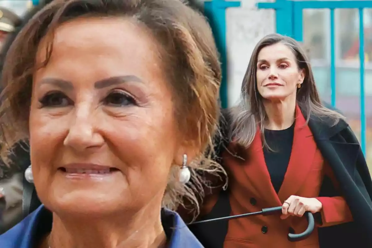 Paloma Rocasolano y la reina Letizia en un montaje fotográfico, una en primer plano con cabello castaño y aretes de perlas, y otra al fondo con cabello largo y suelto, vistiendo un abrigo rojo y negro.