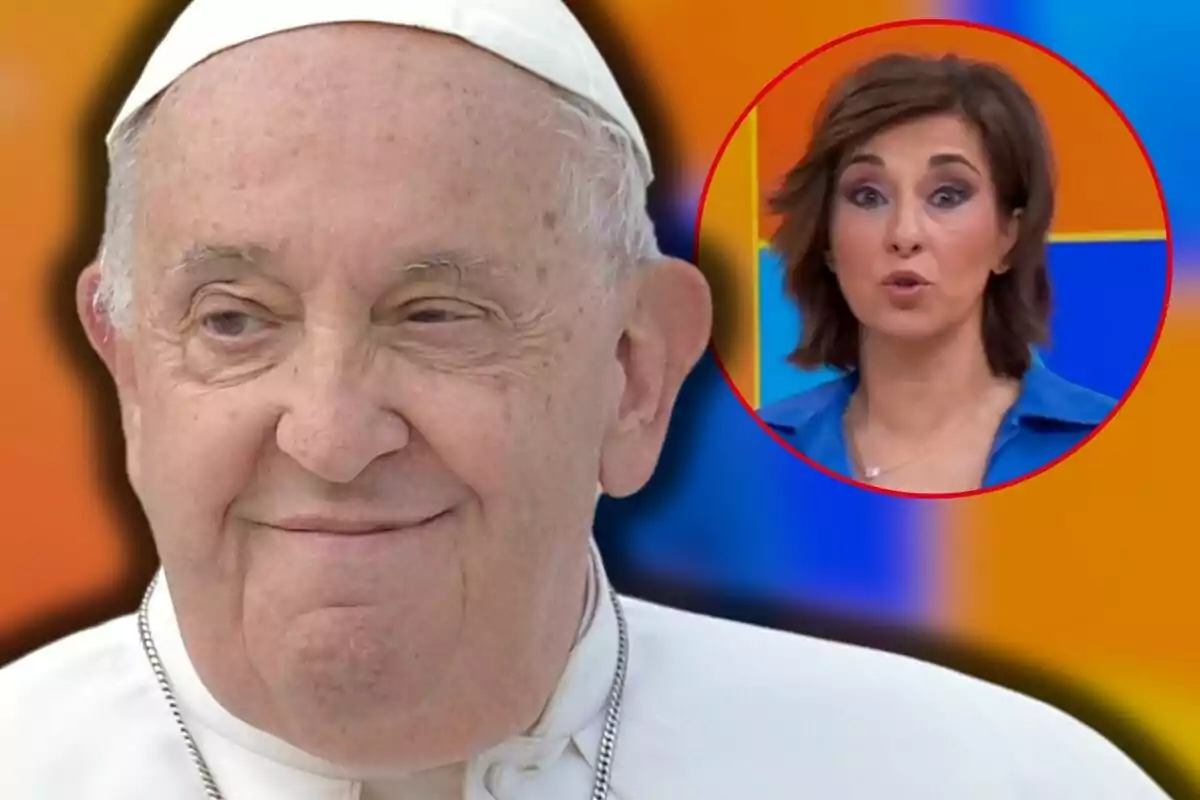 El papa Francisco con vestimenta blanca y Adela González en un recuadro circular sobre un fondo colorido.