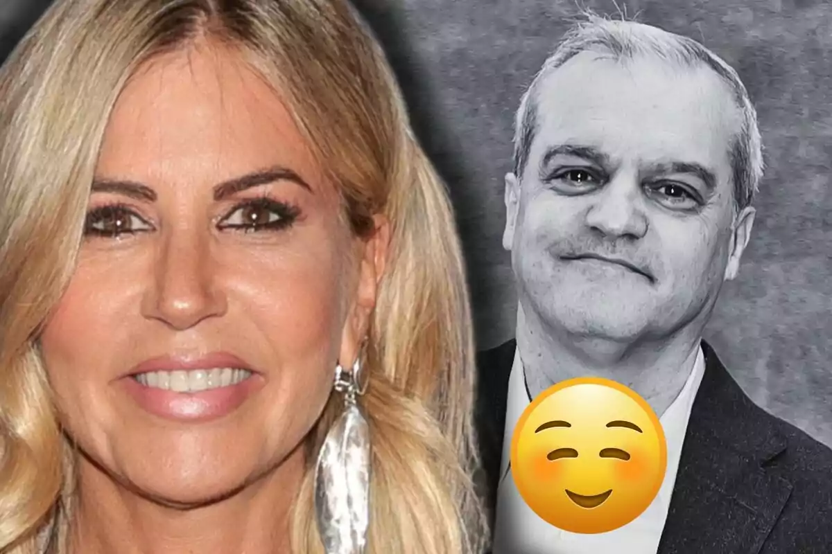 Patricia Cerezo y Ramón García sonrientes, una mujer rubia en primer plano y un hombre en blanco y negro con un emoji sonriente superpuesto.
