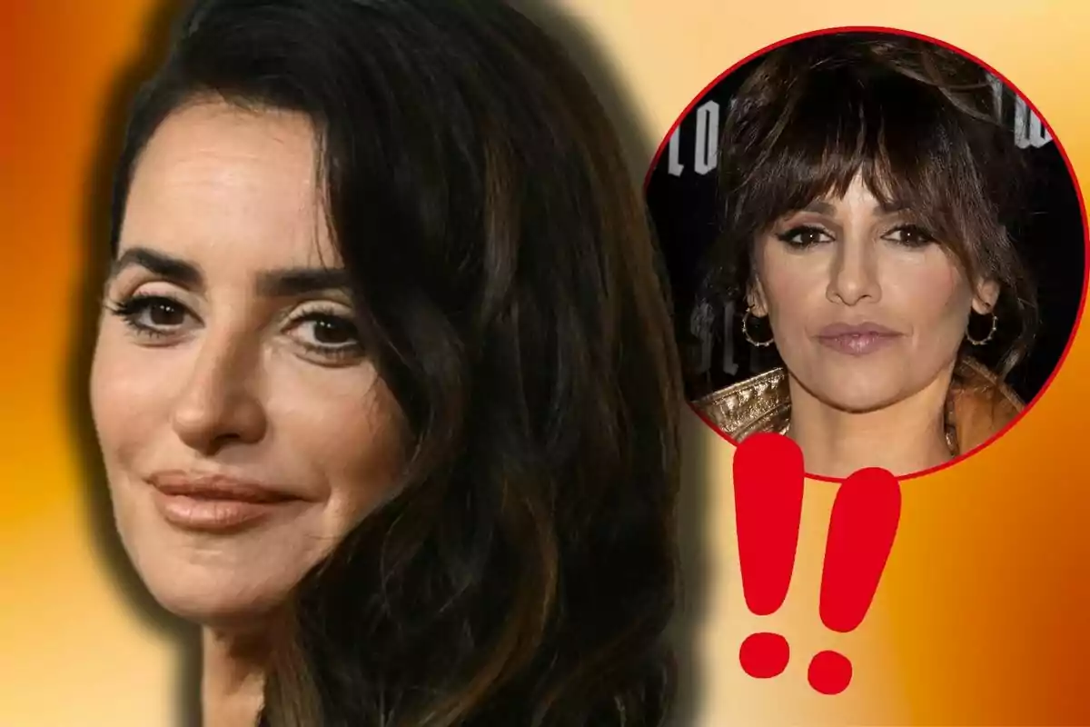 Penélope Cruz with a serene expression appears in the foreground, while in a red circle on the right there is another image of Mónica Cruz with a different hairstyle and red exclamation marks.