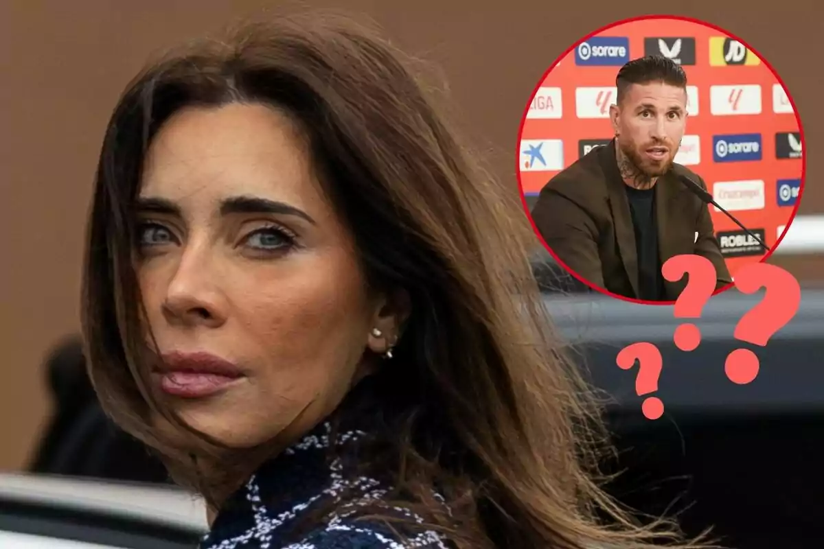 Pilar Rubio con expresión seria mira hacia la cámara mientras en la esquina superior derecha hay un círculo con la imagen de Sergio Ramos en una conferencia de prensa y tres signos de interrogación.