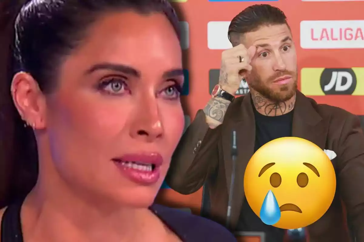 Pilar Rubio con expresión seria en primer plano y Sergio Ramos con tatuajes en el fondo, acompañado de un emoji triste.