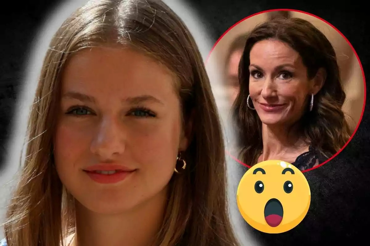 La princesa Leonor con aretes dorados aparece en primer plano mientras en un círculo rojo al fondo se ve a Telma Ortiz con una expresión sonriente y un emoji sorprendido superpuesto.