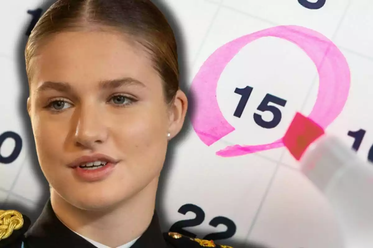 La princesa Leonor con uniforme militar y fondo de calendario con el día 15 marcado en rosa