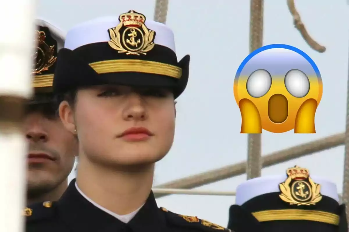Princess Leonor in a naval uniform with a surprised emoji next to it.
