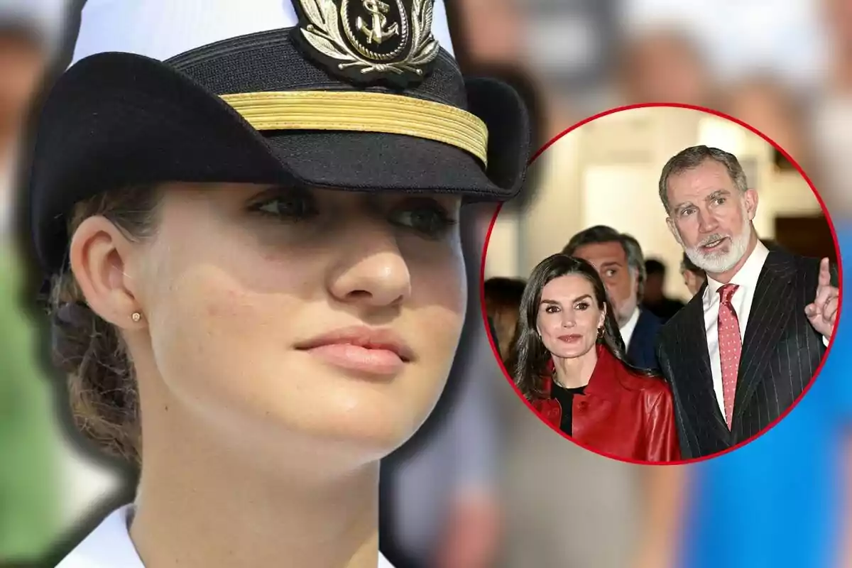Princess Leonor in military uniform and a dress hat appears in the foreground, while in a background inset, Queen Letizia and King Felipe VI are seen dressed formally.