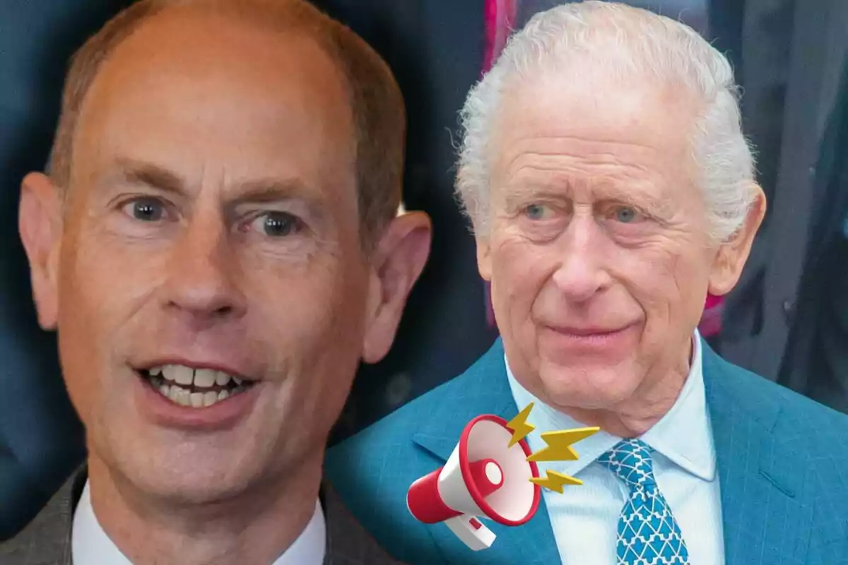 Prince Edward and Charles III in suits, one of them with an illustrated megaphone beside him.