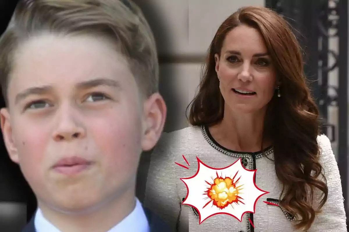 Prince George appears in the foreground with a serious expression, while Kate Middleton is in the background; there is an illustration of an explosion on her clothes.