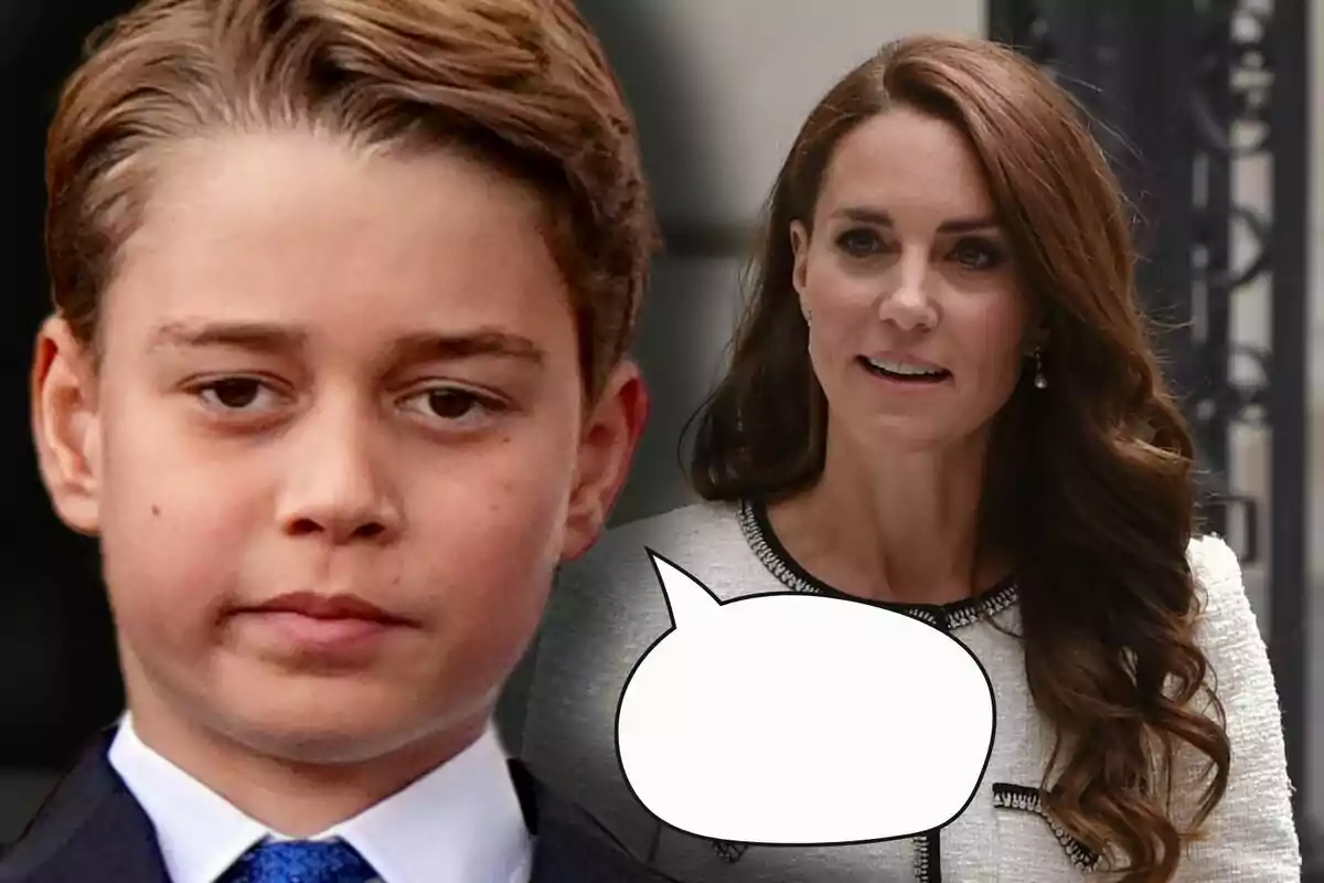 Prince George with a serious expression in the foreground and Kate Middleton in the background with an empty speech bubble next to her