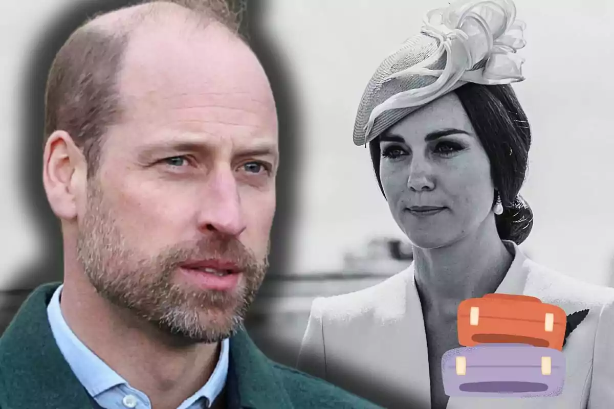 Prince William and Kate Middleton in stylish hats appear in the image, with a pair of illustrated suitcases in the corner.