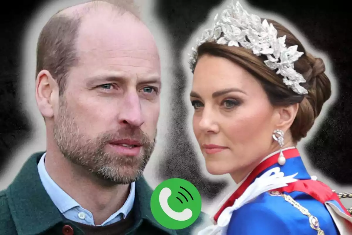 El príncipe Guillermo y Kate Middleton mirando en direcciones opuestas con un icono de llamada verde en el centro.