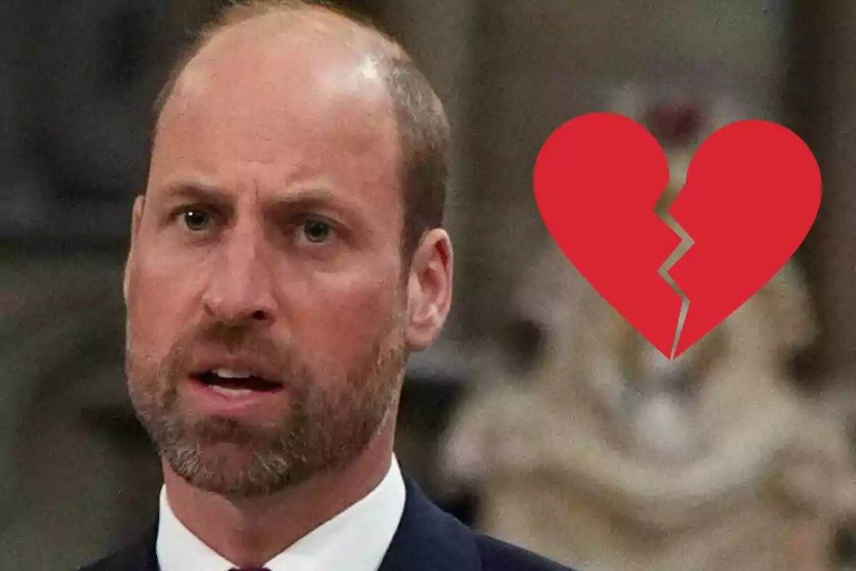 Prince William with a serious expression and a broken red heart overlay.