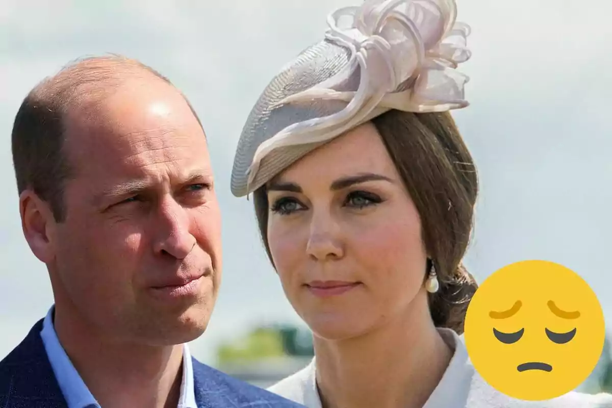 Príncipe Guillermo y Kate Middleton con expresiones serias, Kate lleva un sombrero elegante y hay un emoji de cara triste en la esquina inferior derecha.